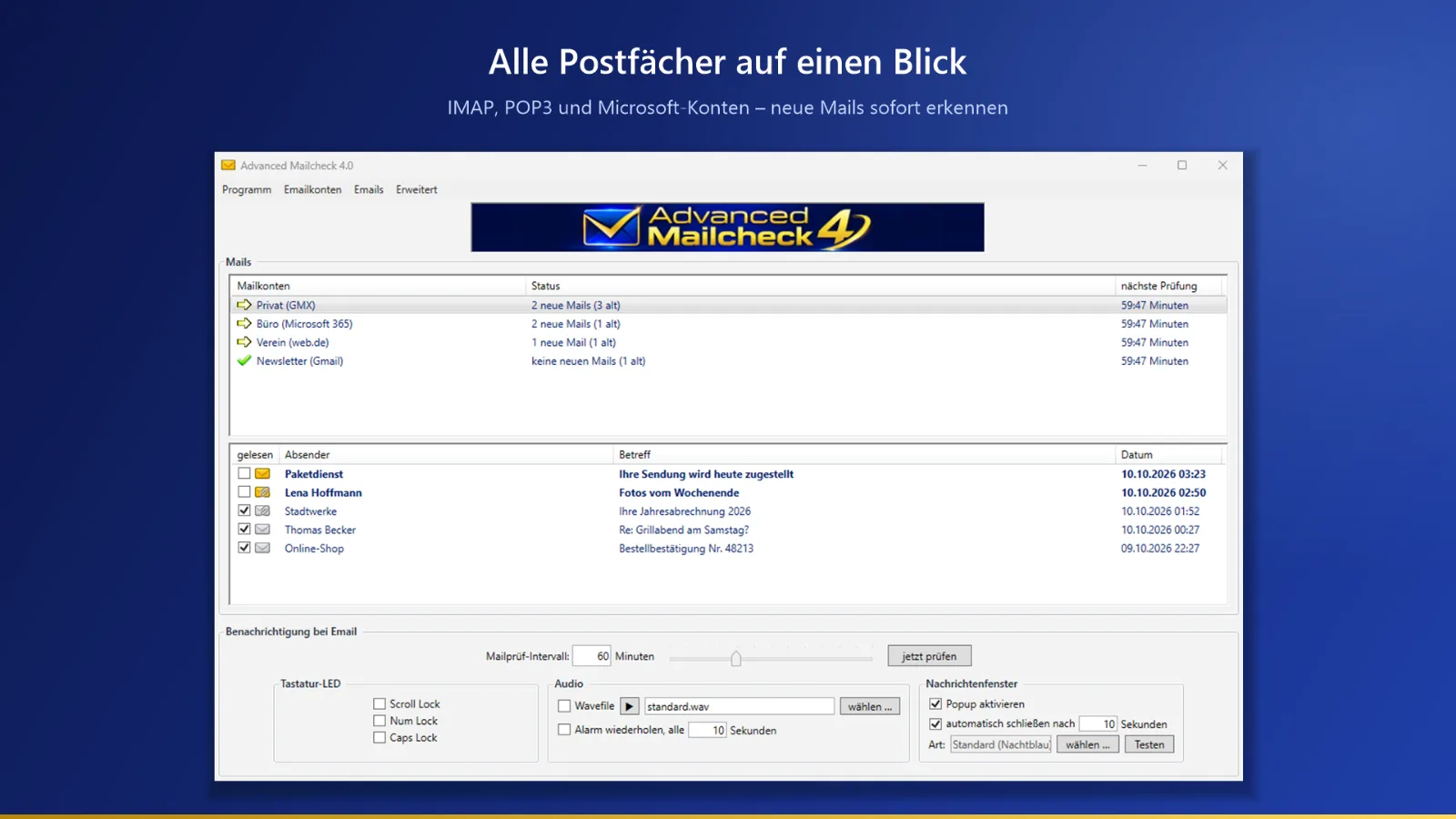 Advanced Mailcheck 4 für Windows: mehrere E-Mail-Konten, Prüfstatus und neue Nachrichten im Hauptfenster.
