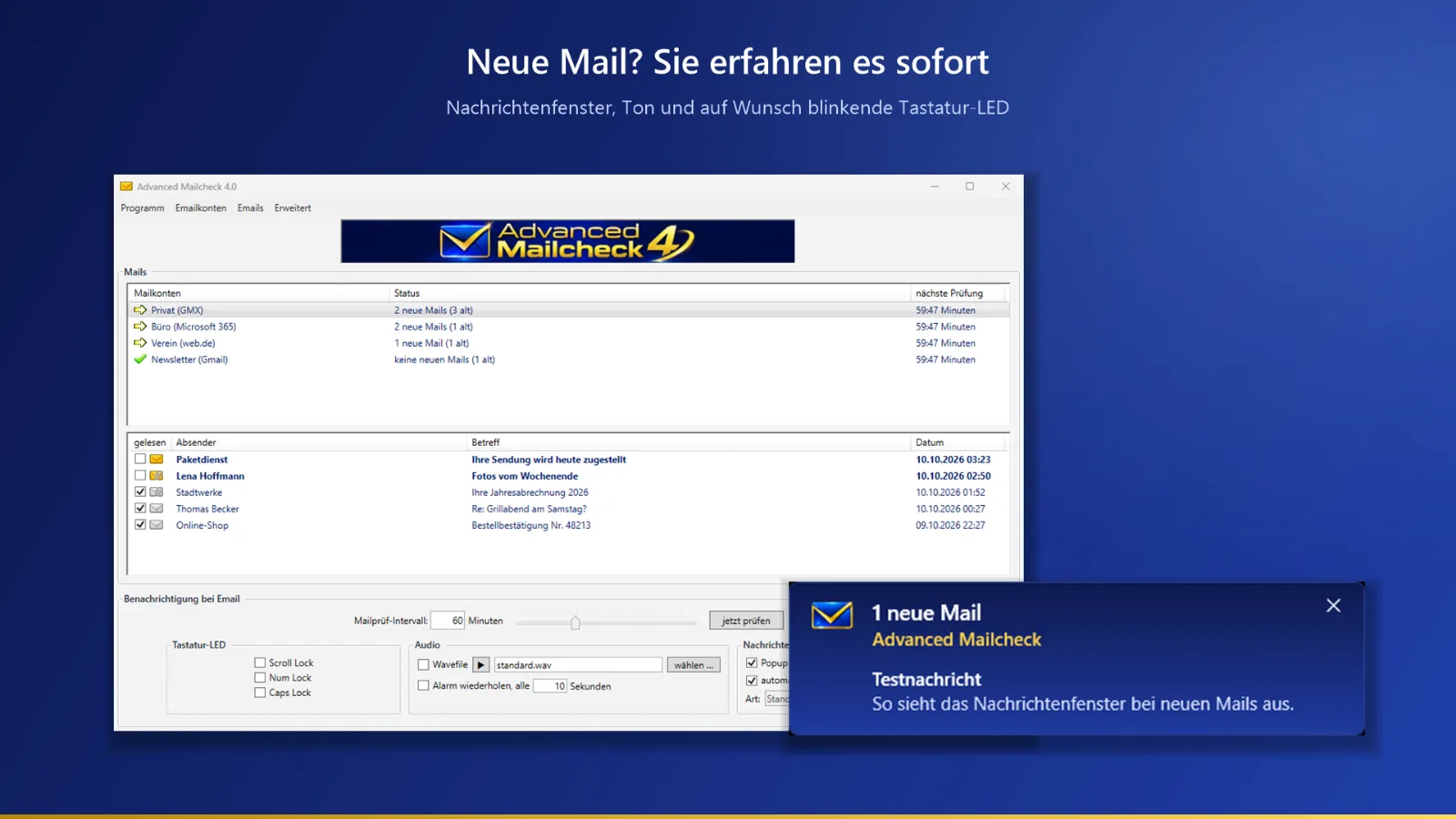 E-Mail-Benachrichtigung von Advanced Mailcheck 4: Hauptfenster und eingeblendeter Hinweis auf eine neue Nachricht.