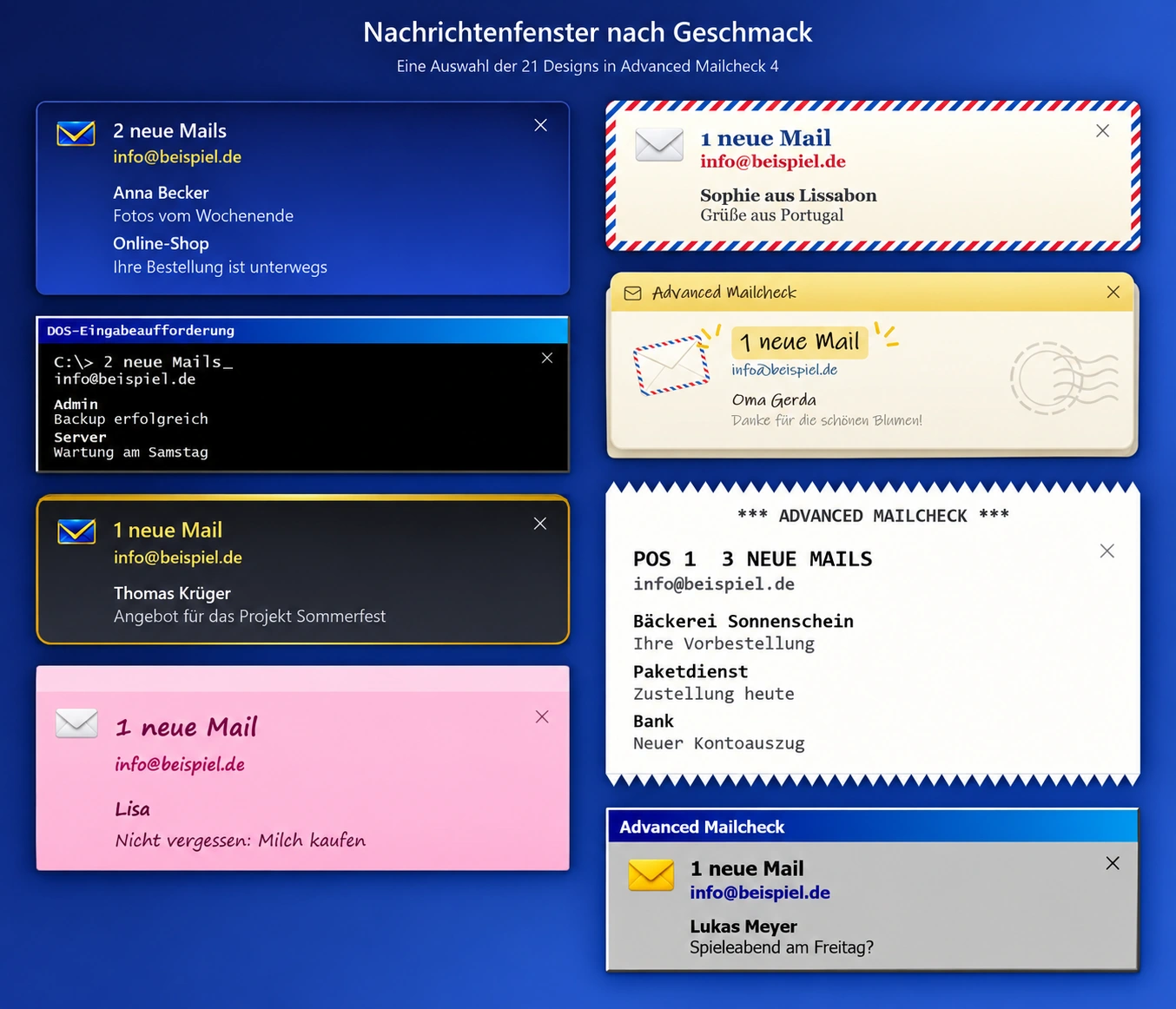 Collage mit acht Popup-Designs von Advanced Mailcheck 4: Standard, DOS, Gold, Haftnotiz, Luftpost, Brief, Kassenbon und Retro auf blauem Hintergrund.
