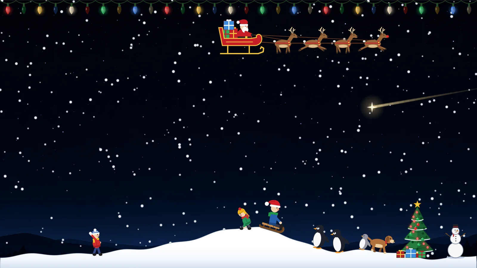 Winterszene aus Desktop Stories: Holidays On Desktop mit Rentierschlitten, Schneefall, Pinguinen, Schlittenfahrern und Weihnachtsbaum.